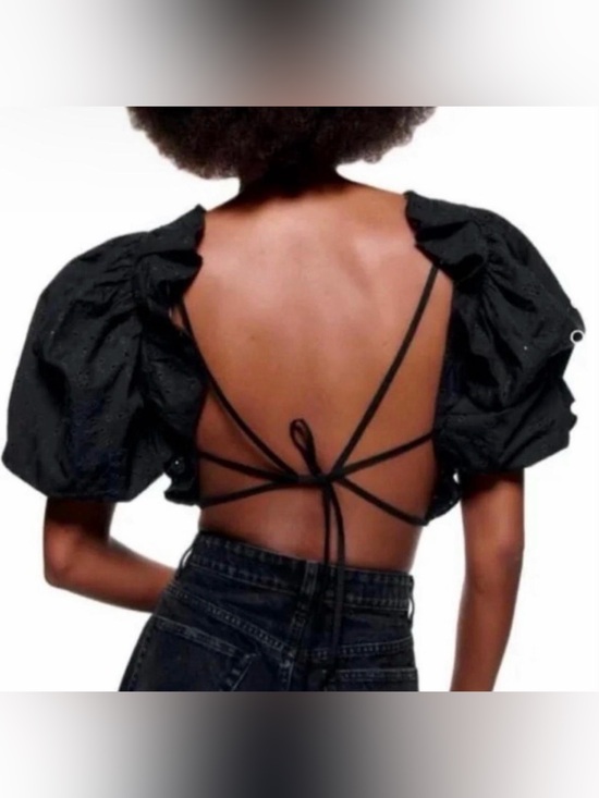 Zara Tops - Zara Embroidered Eyelet Tie-Back Crop Puff Sleeve Top Black
